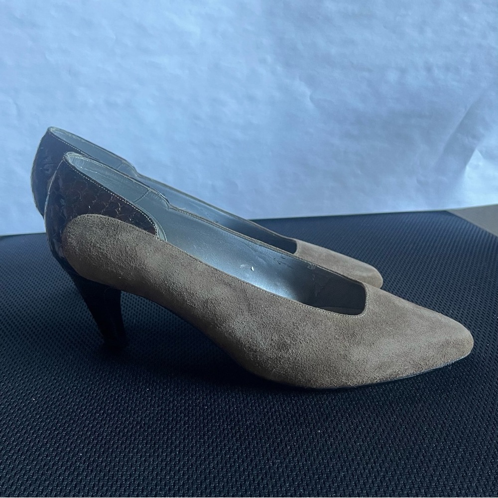 VTG Impo Loden Brown Suede & Faux Crocodile Pump Sz 7.5B US - Picture 4 of 17